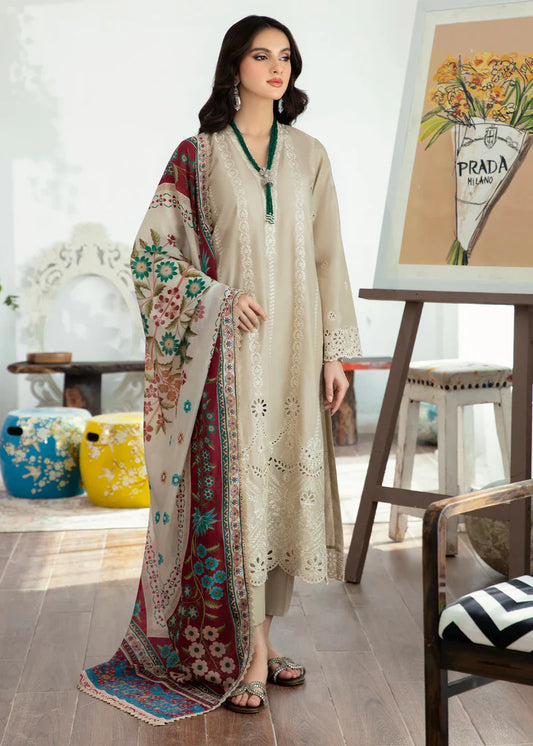 Maria.B Lawn 3Pc Chickenkari Embroidered Shirt With Digital Print Shawl-1044