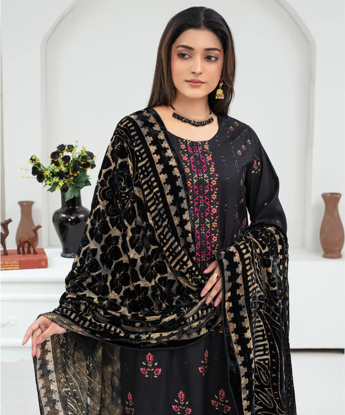 Creation Dhanak 3Pc Chikankari Embroidered Shirt With Velvet Plachi Shawl- 2101