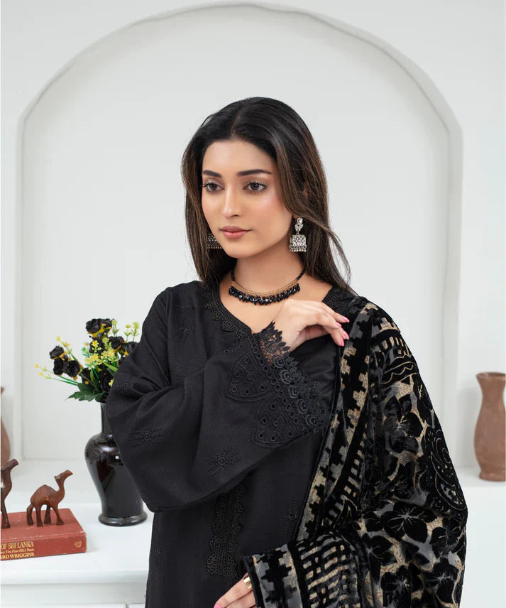 Creation Dhanak 3Pc Chikankari Embroidered Shirt With Velvet Plachi Shawl- 2107