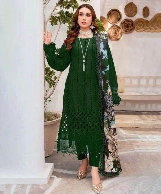 Maria B 3Pc Chikenkari Lawn Embroidered With Printed Dupatta-1067