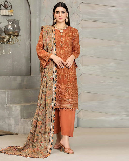 Linen 3Pc Embroidered With Chiffon Embroidered Dupatta-672