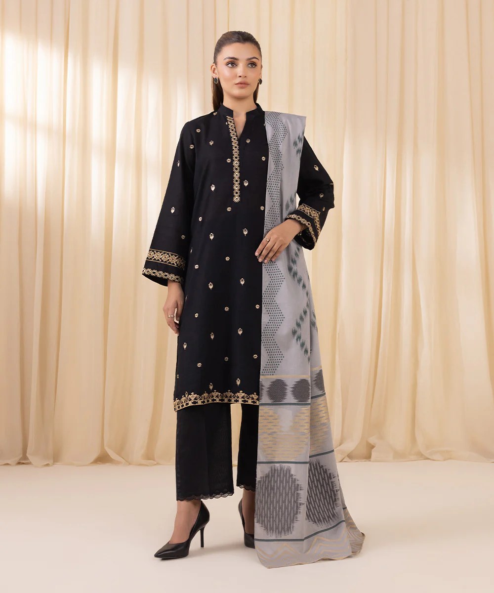 Sapphire-3Pc Dhanak Embroidered Shirt with Digital Printed Shawl-150