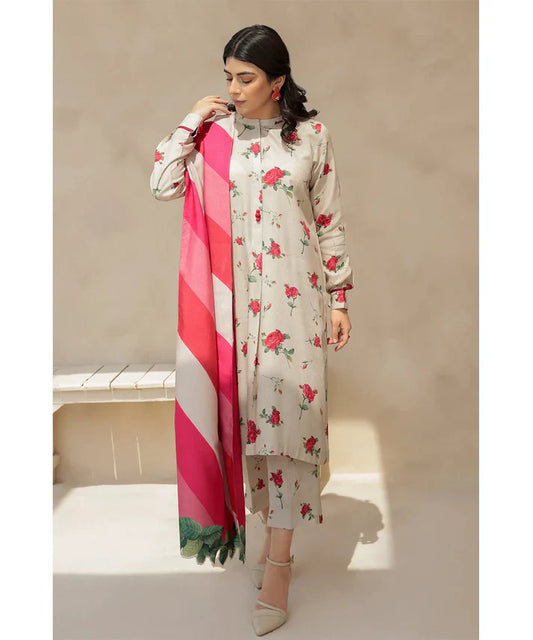 Baroque 3Pc Karandi Printed Shirt With Karandi Printed Duaptta And Trouser-805