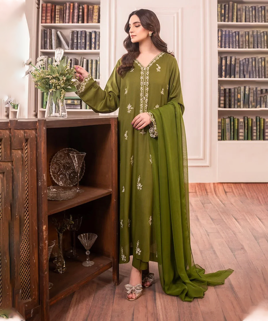 Lawn-3PC Embroidered Shirt with Chiffon Plain Dyed Dupatta-1198