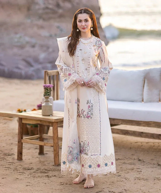 QALAMKAR 3PC Lawn  Embroidered Shirt With Organza Embroidered Dupatta- 1050
