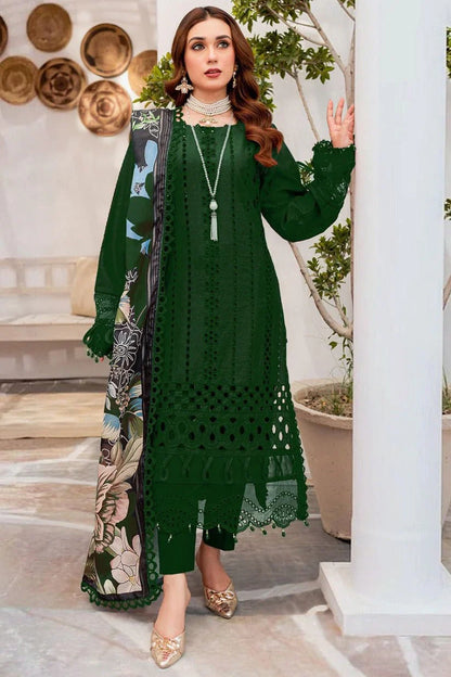 Maria B 3Pc Chikenkari Lawn Embroidered With Printed Dupatta-1067